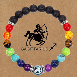 Стрелец 12 созвездия 7 чакра натуральная лава, агат, аметист, тигровый глаз, бирюза и стеклянные круглые бусины, растягивающиеся браслеты, Стрелец, 7-1/4 дюйм (18.5 см)