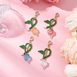 (52) Непрозрачная лаванда Подвесные украшения из цветочных бусинок и стеклянной оплетки, с 304 из нержавеющей стали Lobster Claw застежками, разноцветные, 55 мм, Цветок: 44x25x6 мм