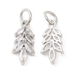 Платина Подвески из кубического циркония с покрытием из латуни, подвески-листья с кольцом для прыжков, долговечный, без свинца и без кадмия, платина, 16x8x3 мм, отверстие : 4 мм