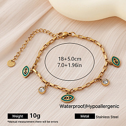 Evil Eye 304 Браслеты из нержавеющей стали с зеленой эмалью и подвесками для женщин, золотые, злые глаза, 7.09 дюйм (18 см)