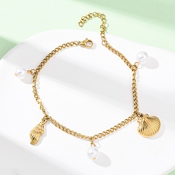 Shell Shape Браслеты с подвесками в форме раковины и ракушки 304 из нержавеющей стали, 304 Браслеты из нержавеющей стали с панцирной цепью для женщин, акриловыми имитация жемчуга, ионное покрытие (ip), формы раковины, 7-1/2 дюйм (19.2 см)
