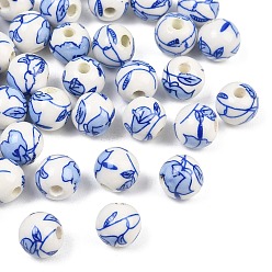 Cornflower Blue Floral Printed Porcelain Beads, Flower Patterned Ceramic Beads, Round, Cornflower Blue, 10mm, Hole: 3mm