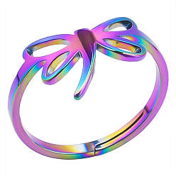 Rainbow Color Регулируемое кольцо из нержавеющей стали в виде стрекозы для женщин, Радуга цветов, внутренний диаметр: 17 мм