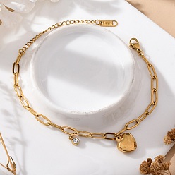 Золотой 304 из нержавеющей стали шарм браслеты, с цепочками для канцелярских скрепок и прозрачным фианитом, сердце, золотые, 6-7/8 дюйм (17.5 см)