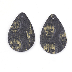 Light Khaki PU Leather Pendants, teardrop, with Skull, Light Khaki, 39x25x1.5mm, Hole: 1.5mm