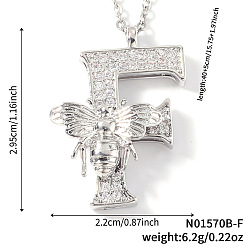 Letter F Ожерелья с подвесками из латуни с прозрачным кубическим цирконием и микропаве, платина, Буква F, 15.75 дюйм (40 см), Кулон : 29.5x22 мм