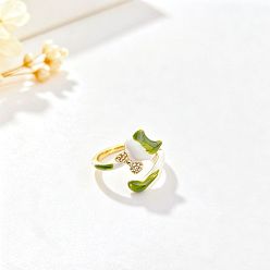 Olive Brass Micro Pave Cubic Zirconia Cuff Open Rings, Cat Shape, with Enamel, Golden, Olive, 15~20mm