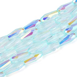 Светло-голубой Нити из прозрачных стеклянных бусин-капель с покрытием цвета AB, граненые, светло-голубой, 8.5~9x4~4.5 мм, отверстие : 0.8~0.9 мм, около 55~56 шт / нитка, 19.29~19.96'' (49~50.7 см)