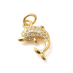 Настоящее золото 18K Латунные микропаве прозрачные подвески с фианитом, прелести дельфинов, стойки покрытие, долговечный, без свинца и без кадмия, реальный 18 k позолоченный, 15.5x10.5x3 мм, отверстие : 3 мм
