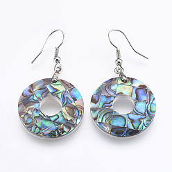 Platinum Abalone Shell/Paua Shell Dangle Earrings, with Brass Findings, Donut, Platinum, 47~48mm, Pin: 0.7mm