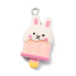 Pink Мультяшные подвески из непрозрачной смолы с имитацией еды, Чамсы для мороженого с кроликом и животными с железными петлями с платиновым покрытием, розовые, 28x14x7 мм, отверстие : 2 мм