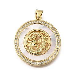 Настоящее золото 18K Подвески в форме ракушек из латуни с микропаве и кубическим цирконием, без кадмия и без свинца, круглый с драконом, реальный 18 k позолоченный, 30x27x3.5 мм, отверстие : 3.5x4.5 мм