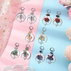 Смешанные камни Серьги с застежкой-молнией из натурального смешанного камня, с 304/201 фурнитурой из нержавеющей стали, луна, 60x30 мм