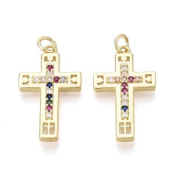 Настоящее золото 16K Религия латунь микро проложить цирконий подвески, крест прелести, реальный 16 k позолоченный, 26x15.5x3 мм, отверстие : 3 мм, Перейти кольцо: 5x0.8 мм, 3 мм внутренним диаметром