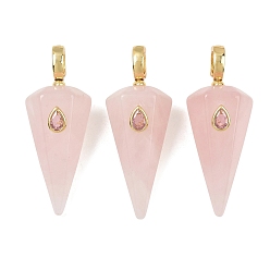 Rose Quartz Natural Rose Quartz Pointed Pendants, Faceted Cone Charms with Brass Micro Pave Cubic Zirconia Findings, Golden, 49~49.5x18.5~19x17.5~18mm, Hole: 5.5x7.5mm