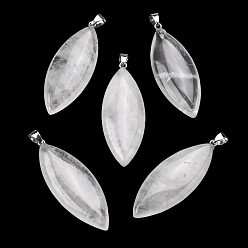 Хрусталь Природный кристалл кварца большие подвески, Подвески в виде конского глаза из горного хрусталя с 304 защелкивающимися креплениями из нержавеющей стали, цвет нержавеющей стали, 55~55.5x20~20.5x7.5~8 мм, отверстие : 6.5x4 мм