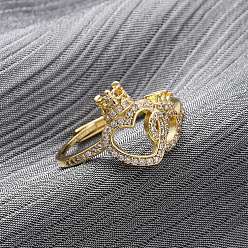 Настоящее золото 18K Регулируемые кольца для женщин с микропаве из латуни и кубическими цирконами, сердце с короной, реальный 18 k позолоченный, 14 мм, внутренний диаметр: 18 мм