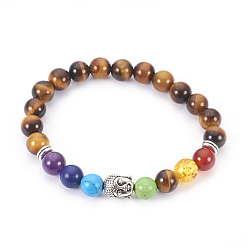 Тигровый глаз Естественно тигровый глаз стрейч браслеты, чакра ювелирные изделия, со смешанными каменными и смоляными бусинами, металлические находки и мешковина, круглые, Будда, 2 дюйм ~ 2-1/8 дюйм (5.2~5.5 см)