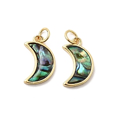 Настоящее золото 18K Подвески в форме луны из эпоксидной смолы и натуральной ракушки пауа, с латунными оправами и соединительными кольцами, стойки покрытие, долговечный, без свинца и без кадмия, реальный 18 k позолоченный, 16x10x2 мм, отверстие : 3 мм