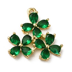 Golden Emerald K9 Glass Pendants, with Brass Findings, Clover Charm, Golden, 20x18.5x3mm, Hole: 1.2mm