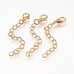Золотой Удлинитель железной цепи, Сплав с застежками когтя омара, стойки покрытие, золотые, 60~68x3.5 мм, застежка : 12x7x3 mm