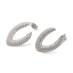 Platinum Brass Micro Pave Clear Cubic Zirconia Stud Earrings for Women, Letter C, Platinum, 25.5x18mm