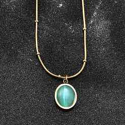 Золотой Овальное колье с имитацией кошачьего глаза и круглыми змеиными цепочками, ионное покрытие (ip) 304 ювелирные изделия из нержавеющей стали для женщин, золотые, 16.14 дюйм (41 см)