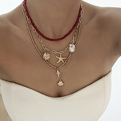 Золотой Летние пляжные сплавы, искусственный жемчуг и темно-красные стеклянные бусины с подвеской в виде морской звезды и ракушки, многослойные ожерелья для женщин, золотые, 14.57~18.11 дюйм (37~46 см)