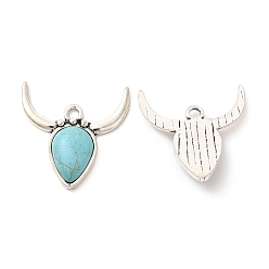 Antique Silver Retro Alloy Pendants, with Synthetic Turquoise, Ox Horn Charms, Antique Silver, 26x25.5x5mm, Hole: 2mm
