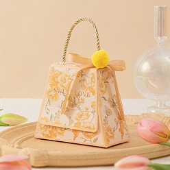 Персиковый Слойка Складные картонные коробки для конфет, коробка для упаковки свадебного подарка, с ручкой, трапеции с цветком, розовые, 13x6.5x10.8 см