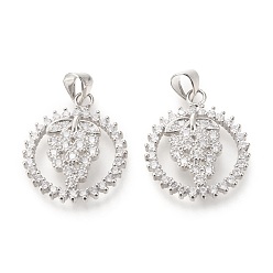 Platinum Brass Micro Pave Clear Cubic Zirconia Pendants, Long-Lasting Plated, Ring with Grape, Platinum, 27x18x3mm, Hole: 5x4mm