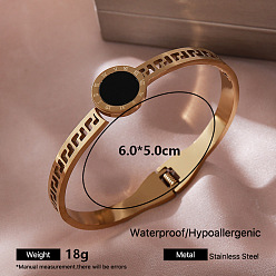 Rond Plat 304 Bracelets manchettes articulés en acier inoxydable émaillé noir avec strass en cristal pour femmes, or, plat rond, diamètre intérieur: 2.36 pouce (6 cm)