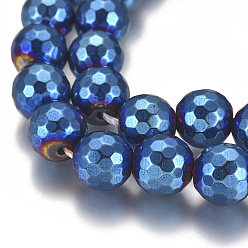 In Blau Plattiert PVD-Vakuumbeschichtung magnetische Stränge synthetischer Hämatitperlen, Perlen Stränge, facettiert, Runde, in Blau Plattiert, 10 mm, Bohrung: 1.5 mm, ca. 40 Stk. / Strang, 15.28 Zoll (38.8 cm)