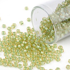 (946) Light Green Lined Topaz Toho runde Rocailles, japanische Rocailles, (946) hellgrün gefütterter Topas, 8/0, 3 mm, Bohrung: 1 mm, über 222pcs / Flasche, 10 g / Flasche