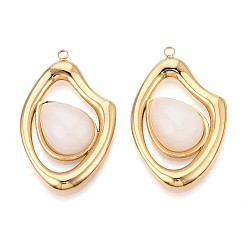 (404) Непрозрачное AB Кислое яблоко 304 подвески из нержавеющей стали и стекла, самородки с каплевидным шармом, вакуумное покрытие pvd, реальный 18 k позолоченный, цветочный белый, 39x24x7.5~8 мм, отверстие : 2 мм