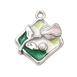 Зеленый Подвески из эмали и сплава, с ABS имитации жемчуга, стойки покрытие, долговечный, без свинца, без кадмии и без никеля, ромб с цветочной подвеской, платина, зелёные, 19.5x17x4 мм, отверстие : 1.6 мм