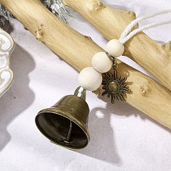 Солнце Железный колокольчик подвесные украшения, Подвеска из круглой бусины из дерева и макраме из хлопкового шнура и сплава для украшения стены дома, двери, солнце, 195~200 мм, подвеска: 28.5x24.5x2 мм.