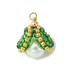 Зеленый Бусины из ракушек и жемчуга стеклянные подвески, с бисером и золотыми 304 кольцами из нержавеющей стали, формы раковины, зелёные, 19~21x14~16x12~13 мм, отверстие : 2.5 мм