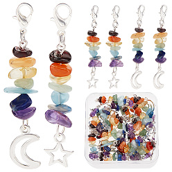 Смешанные камни 20 шт 2 стили чакра тематика натуральный драгоценный камень подвеска украшения, Сплав с застежками когтя омара, кулон со звездой и луной, 5.85 см, 10 шт / стиль