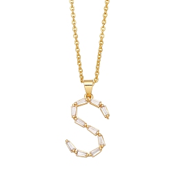 Letter S Unisex Brass Micro Pave Clear Cubic Zirconia Pendant Necklaces with Cable Chain, Letter, Letter S, 17.72 inch(45cm)