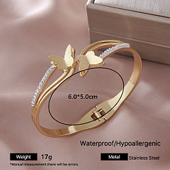Butterfly 304 Stainless Steel Crystal Rhinestone Hinged Cuff Bangles for Women, Golden, Butterfly, Inner Diameter: 2.36 inch(6cm)