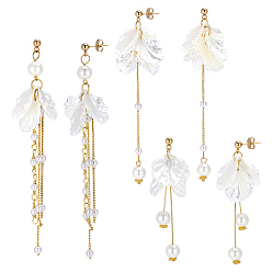Золотой 3 пары 304 серьги-гвоздики с кисточками из нержавеющей стали, с акриловым искусственным жемчугом, золотые, золотые, 65~115 мм