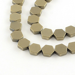 Light Gold Plated Electroplate Non-magnetic Synthetic Hematite Bead Strands, Hexagon, Light Gold Plated, 9x8x3mm, Hole: 1mm, about 46pcs/strand, 15.5 inch