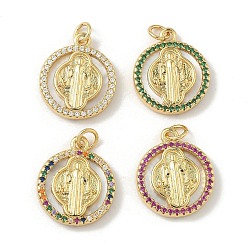 (52) Непрозрачная лаванда Латунь микропаве фианиты с подвесками-ракушками, плоские круглые с святым Бенедиктом, долговечный, без свинца и без кадмия, стойки покрытие, с целью перехода в кольце, реальный 18 k позолоченный, разноцветные, 19.5x17x3.5 мм, отверстие : 3 мм