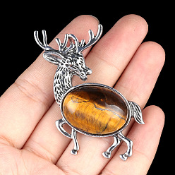 Тигровый глаз Женские броши из натурального тигрового глаза и сплава в виде оленя, античное серебро, 50x40 мм