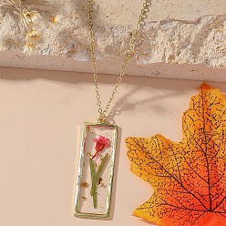 Светло-Вишневый Прямоугольник с внутренним цветком из смолы подвеска железный трос цепочка ожерелье для женщин, золотые, светло-вишневый, 17.72 дюйм (45 см)