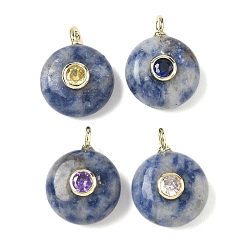 (306FM) Жонкиль матовый с лаймовой подкладкой Плоские круглые подвески из натуральной яшмы с синими пятнами, с латунными микро проложить кубических выводы циркония, золотые, 18.5x14x8 мм, отверстие : 2x1 мм