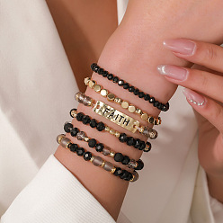 Черный 6 шт. 6 стили комплекты браслетов из сплава и смолы в богемном стиле с синтетическим кварцевым кристаллом, рондель, чёрные, 6-3/4 дюйм (17 см), 1 шт / стиль