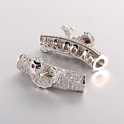 Платина Латунные микро проложить Цирконий бусы изогнутой трубки, изогнутые трубочки бусины лапши, с рыбой, прозрачные, платина, 28x10x9 мм, отверстие : 4 мм