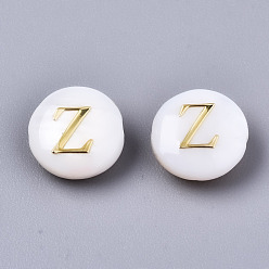 Letter Z Natural Freshwater Shell Beads, with Golden Plated Brass Etched Metal Embellishments, Flat Round, Seashell Color, Letter.Z, 8x3~5mm, Hole: 0.5~07mm